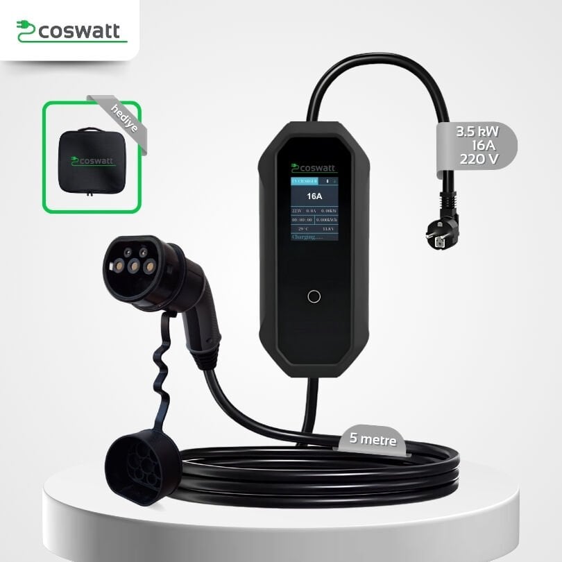 Coswatt Taşınabilir Şarj Cihazı 3.5 kW / 16A / Tip-2 / Ev Tipi Schuko Fiş / 5m Kablolu / 220V AC / Taşıma Çantası Hediyeli