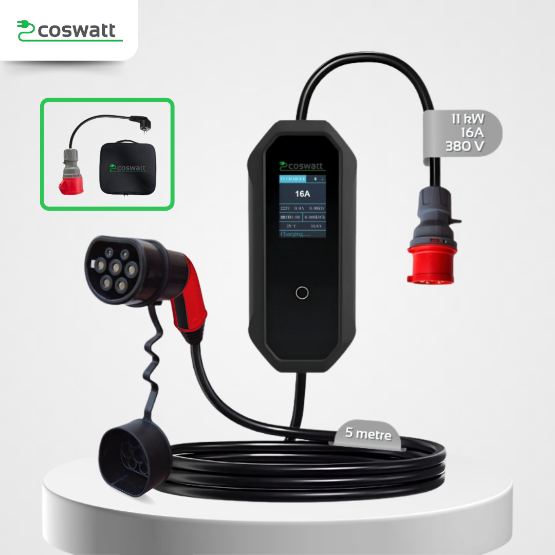 Coswatt Taşınabilir Şarj Cihazı 11 kW / 3P-16A / Tip-2 / 5x16A Fiş / 5m Kablolu / 380V AC / Ev Tipi Dönüştürücü Kablo ve Taşıma Çantası Hediyeli