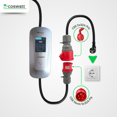 Coswatt Taşınabilir Şarj Cihazı 22 kW / 3P-32A / Tip-2 / 5x32A Fiş / 5m Kablolu / 380V AC / Ev Tipi Dönüştürücü Kablo ve Taşıma Çantası Hediyeli