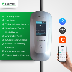 Coswatt Taşınabilir Şarj Cihazı 22 kW / 3P-32A / Tip-2 / 5x32A Fiş / 5m Kablolu / 380V AC / Ev Tipi Dönüştürücü Kablo ve Taşıma Çantası Hediyeli