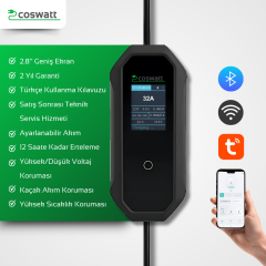 Coswatt Taşınabilir Şarj Cihazı 7 kW / 32A / 8m Kablolu / Tip-2 / 3x32A Fiş / 220V AC / Ev Tipi Dönüştürücü Kablo ve Taşıma Çantası Hediyeli